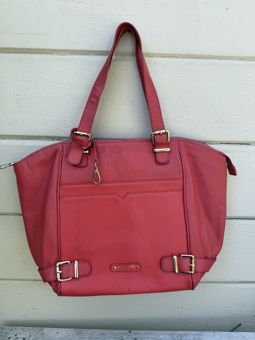 Jack French London Coral Red Pebbled Leather Tote Bag Shoulder Purse